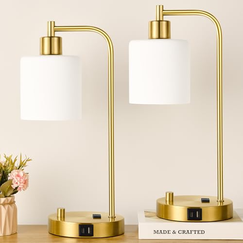 Lynnoland Set of 2 Industrial Table Lamps with USB C+A Ports and ...