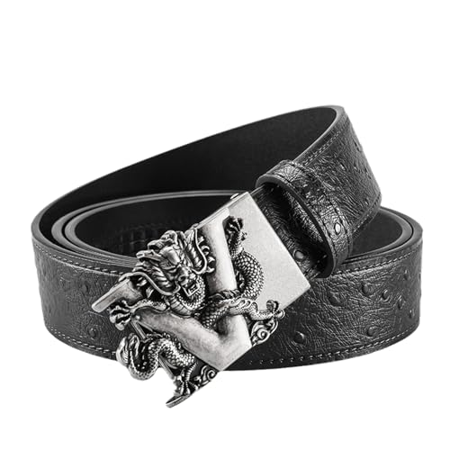 Men's Handmade Ostrich Printed Ratchet Belt - Western Style With Engraved Dragon Automatic Buckle 1.375