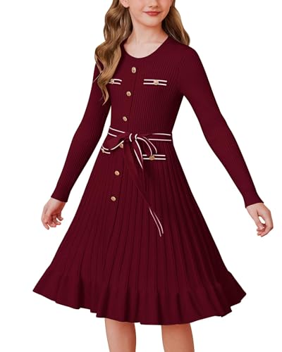 GRACE KARIN Mädchen Strickkleid A-Linie Langarm Festlich...