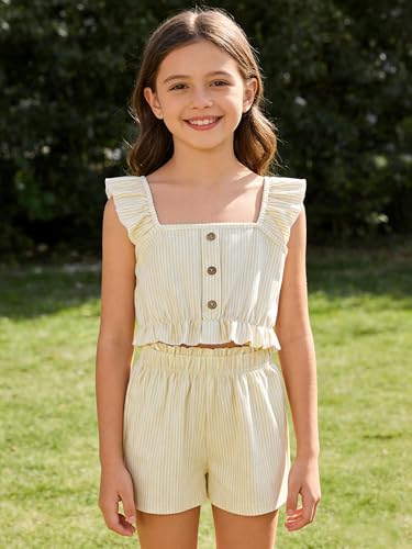 Image of Girl's Summer Clothing Sets Knit Ruffle Striped T-Shirt and Shorts 2 Piece Outfits