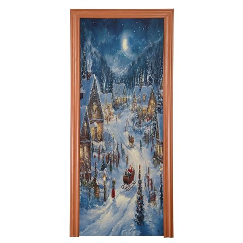 SEHANY Christmas Snowy Town Door Cover Outdoor Decor, High Stretch Fabric Christmas Front Door Cover Christmas Banner Door Cover for Front Door Festive Party Home Decor 32 * 79inch