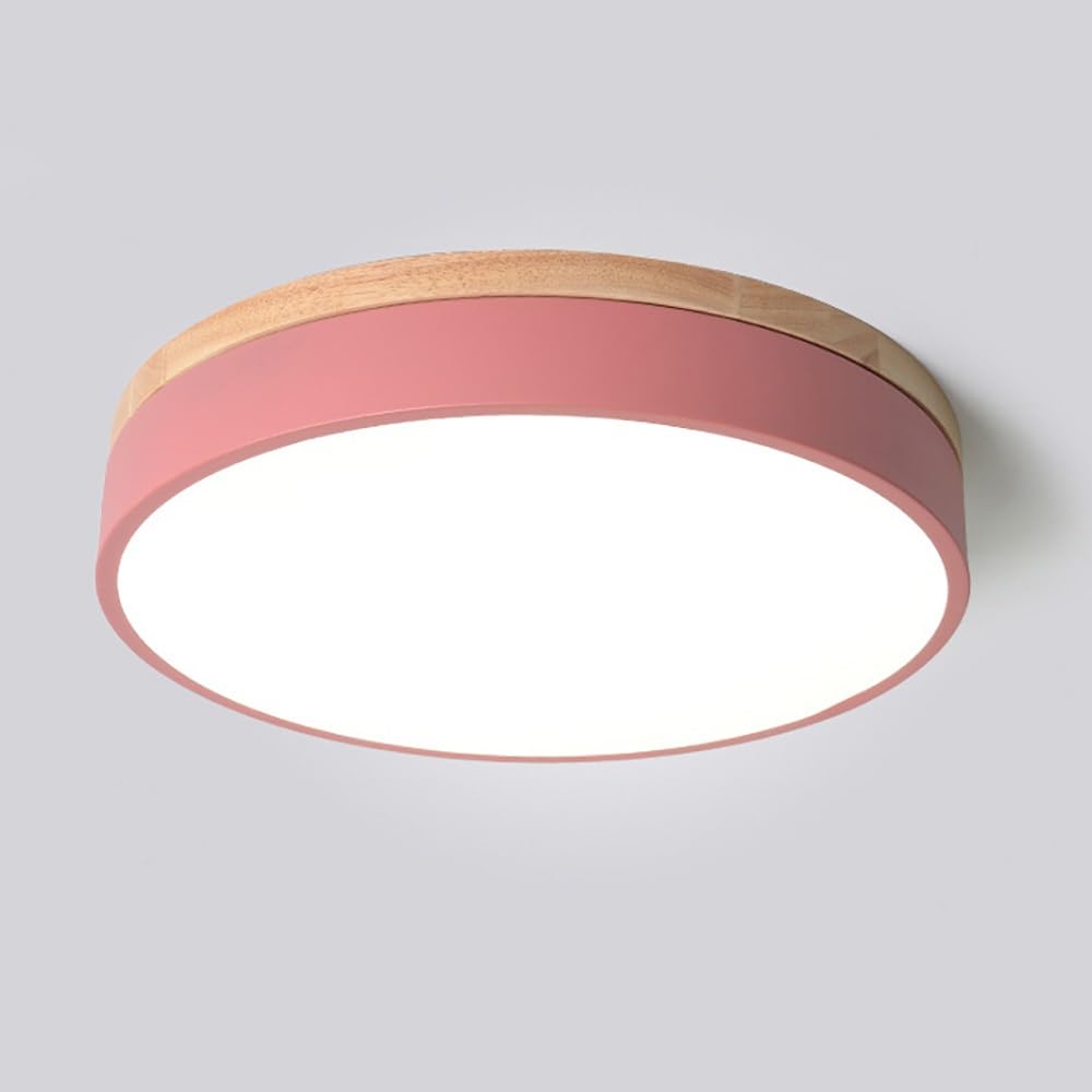 COSRUB Nordic Round Ceiling Lamps, Colorful Low Profile LED Flat Panel Lights Modern Wood Trim Dimmable Flush Mount Ceiling Light for Bedroom Entryway(Pink,60cm/23.62in)