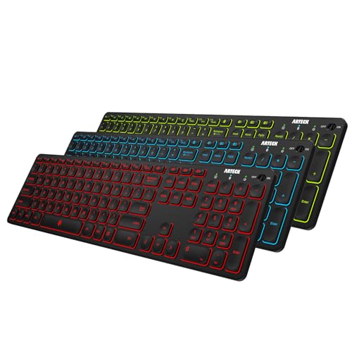 Arteck Universal Backlit 7-Colors & Adjustable Brightness Multi-Device Full Size Wireless Bluetooth Keyboard for Windows, iOS, iPad OS, Android, Computer Desktop Laptop Surface Tablet Smartphone by Arteck - Used condition - US$24.99
