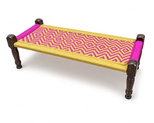 Image of Handwoven Wooden Bench | Traditional Rope Charpai Stool | Solid Wood Frame Seating for Living Room, Balcony & Outdoor | Durable & Stylish Design (Yellow & Pink Finish)