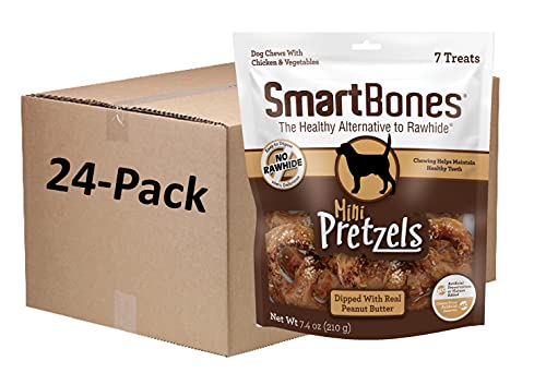 SmartBones Mini Pretzels Dipped With Real Peanut Butter, 7 Count, Rawhide-Free Chews For Dogs, (Pack of 24), Count: 168