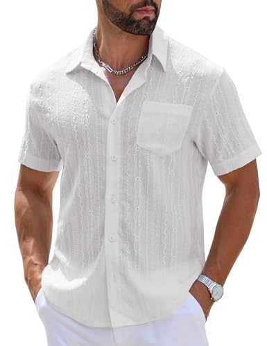 Mens Beach Shirt Wrinkle Free Hollow Shirts Short Sleeve Button Down Shirts Tropical Tops