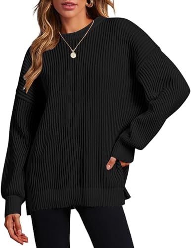 Zeagoo Pullover für Damen Oversize Strickpullover Winter Pullover Sweatshirt Langarm Pulli Warm Winterpullover Einfarbig Oberteile Schwarz M