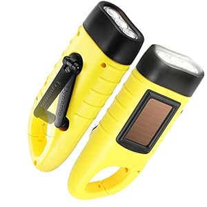 GeeRic Lot de 2 lampes de poche à manivelle, lampe de poche d’urgence LED rechargeable à énergie solaire, torche dynamo de survie pour sports de plein air jaune jaune