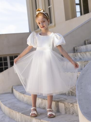 MCieloLuna Satin Tulle Flower Girl Dress Puffy Short Sleeve O Neck Pearls Girls Pageant Princess for Wedding Gowns with Bow4