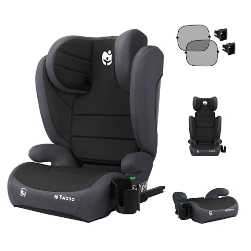 Tulano JOY 35 | Kindersitz 100-150 cm | ECE R129/03 i-Size Zertifikat | ISOFIX + 3-Punkt-Gurt | 13-fach verstellbare Kopfstütze | Abnehmbarer Bezug | Schwarz & Grau