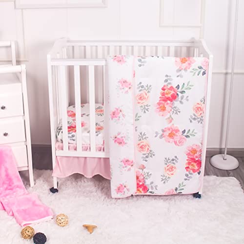 Image of La Premura Mini Crib Bedding Set for Girls, Watercolor Floral Baby Nursery Portable Crib Set, 3 Piece, Pastel Pink