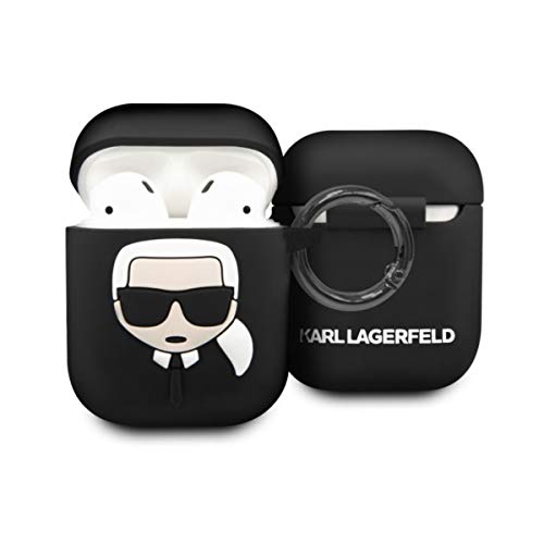 Karl Lagerfeld Case Compatible with Airpods 1 and 2 - Silicone Cover - Carabiner Included - Karl Head in Relief (Black), KLACCSILKHBK
