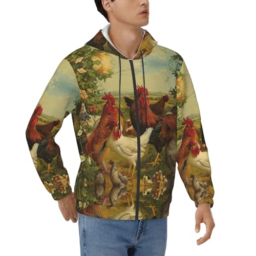 Sweat à capuche homme manches longues veste zippée casual motif poulets de ferme