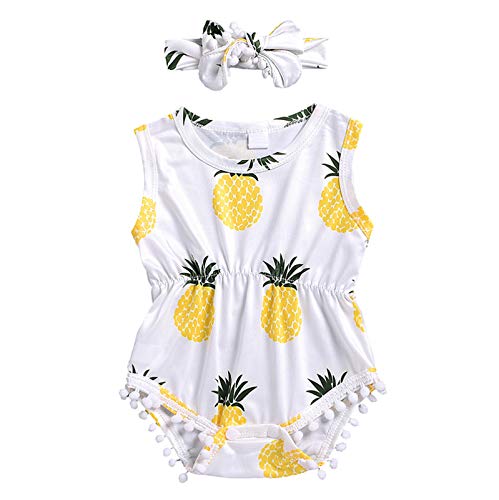 Image of Sleeveless Tassel Outfits Girls Bodysuit+Headband Pineapple Romper Infant Baby Girls Romper&Jumpsuit (White, 3-6 Months)