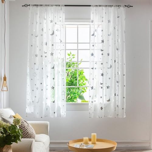 Drhomeam Lot de 2 voilages courts en tulle pour chambre d'enfant et salon Motif étoiles et lune Argenté 129,5 cm
