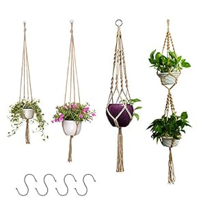 Nsiwem Macrame Plantenhanger 4 stuks hangende plantenpot macramé bloempot plantenhouder jute touw bloempot mand opknoping touw met 4 hangende haken voor bloempotten