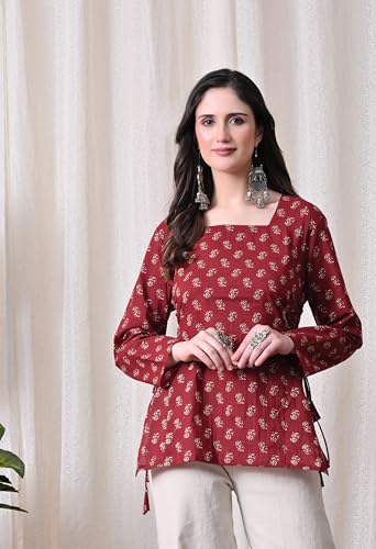 Image of MEERA FAB Women's Floral Printed Cotton Short Kurta Square Neck | Floral Printed Kurta with Full Sleeves | Short Kurti for Women
