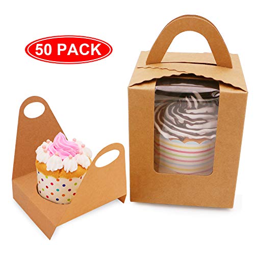 Single Cupcake Boxes with Insert Window Handle, Portable Kraft Paper Cupcake Containers Carriers