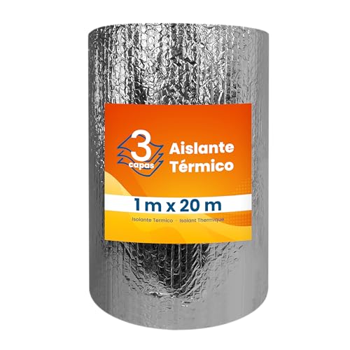 PILBELLES Aislante Térmico Reflexivo de Aluminio y Burbujas Triple Capa 1x20 m (20 m²) | Ventanas, Radiadores, Cajón Persianas, Puertas, Camper, Buhardilla, Uso Industrial, Viviendas
