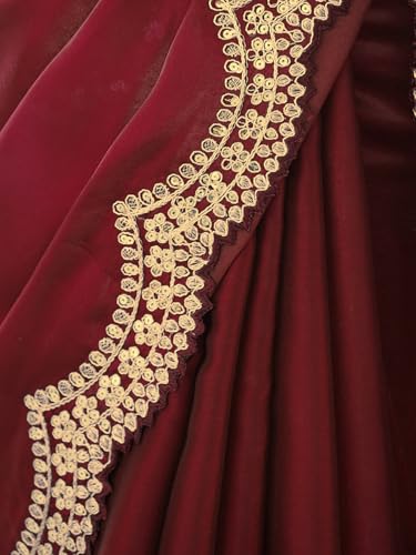 Image of Satrani Women's Tissue Silk Sequin Embroidery Scalloped Border Saree with Unstitched Blouse Piece