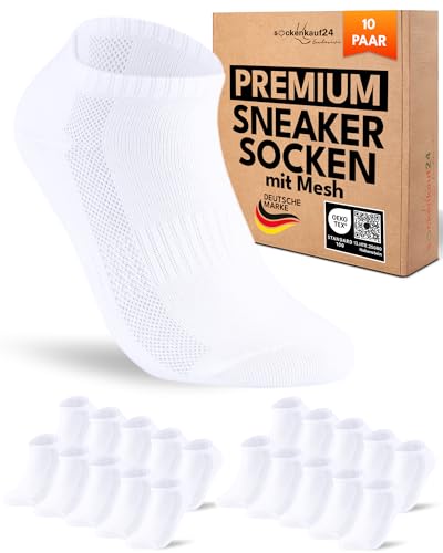 Sneaker Socken Herren 43-46 Weiß Baumwolle 10 Paar Atmungsaktiv mit Mesh-Streifen