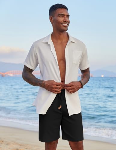Image of COOFANDY Mens Casual Linen Shorts Elastic Waist Drawstring Loose Fit Summer Beach Vacation Shorts with Pockets