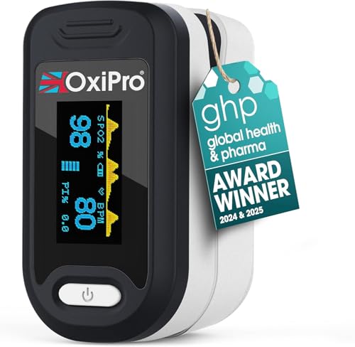 OxiPro OX2 Oximeter - Health & Pharma Awards Winner 2026 - Fingertip Pulse Oximeter/Blood Oxygen Monitor - Finger Oxygen Saturation/SATS Monitor to measure SpO2 / Medical Device for Adults