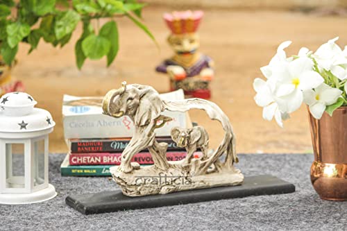 Image of Resin Elephant Statue with Baby Elephant Animal Figurine On Wooden Base for Feng Shui and Vaastu Statue (23X6X16 cm, Off White)