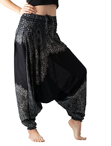 B BANGKOK PANTS Women s Harem Pants Jumpsuit Hippie Clothes (Hippierose Black, One Size)