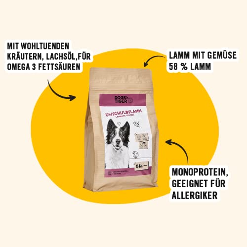Dogs’n Tiger Adult Premium Hunde Futter, Unschuldslamm, Hunde Trockenfutter mit Lamm & Kräutern, Monoprotein, – ohne Zucker, Getreide & Konservierungsstoffe, 2kg