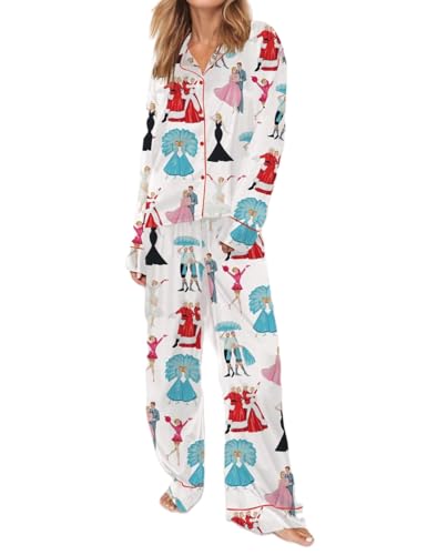 Satin Silk Christmas Pajamas Set for Women Cute Santa Claus Pjs Button Up Shirt+Pants 2 Piece Xmas Jammies