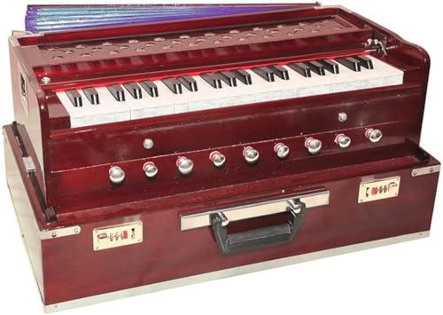BINA No.17 Deluxe Harmonium, 2024 Edition, 3 1/2 Octaves, Checked & Retuned by Aakrati Musicals, Folding, Special Reeda, 9 Stops, Rosewood Color, Indian Keyboard, in USA