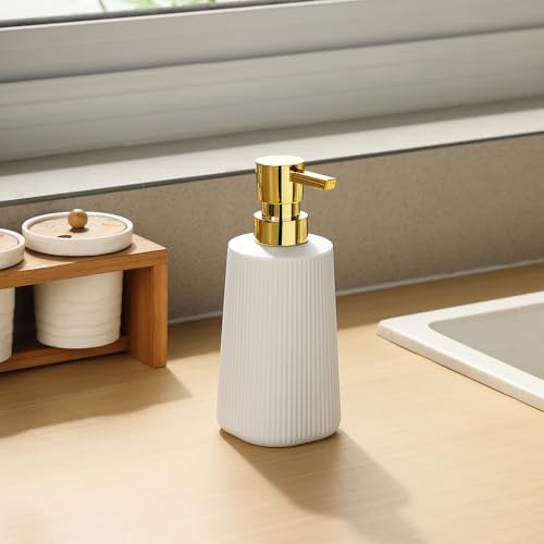 Image of Small Soap Dispenser for Bathroom and Kitchen, Modern Farmhouse Striped Style Plastic Hand Soap Dish Soap Dispenser with Pump Matte White and Gold