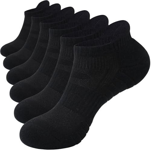 Stoeury Mens Running Socks, Cushioned Anti Blister Trainer Socks, Black White Ankle Socks for Men Women, Moisture-Wicking Short Cotton Socks for Sports, Gym, Walking and Daily, 6 Pairs, Black,9-12