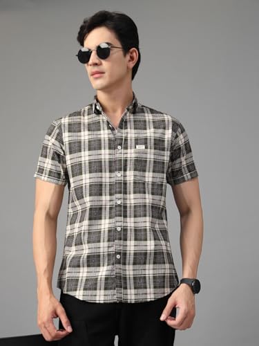 Image of Majestic Man Men's Slim Fit Premium Pure Cotton Plaid Check Half Sleeve Casual Shirt