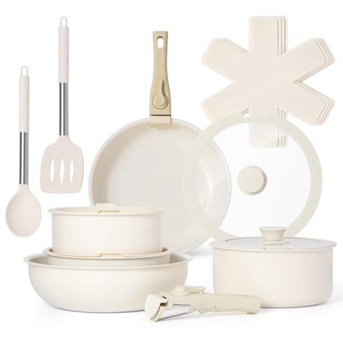 VonShef 17pc Pots and Pans Set Non-Stick Frying Pans Saucepans Protectors & Lids Non-Toxic Ceramic Lined w/Detachable Handles Oven-Safe & Easy Clean PFAS PTFE PFOA Lead & Cadmium Free