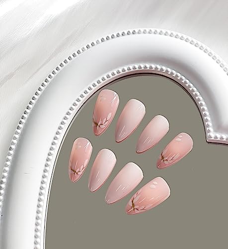 Press On Nails Medium Almond Mabkjlf White French Fake Nails Full Cover False Nails With Flower Tip Designs Glossy False Nails With Nail Glue Artificial Acrylic Nails For Women Girls 24 Pcs #TOP1