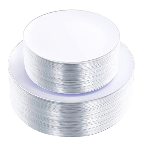 Kire 100Pcs Silver Plastic Plates - Heavy Duty White Disposable Plates With Silver Rim For Party/Wedding - Include 50Pieces 10.25Inch Silver Dinner Plates And 50Pieces 7.5Inch Silver Dessert Plates #TOP16