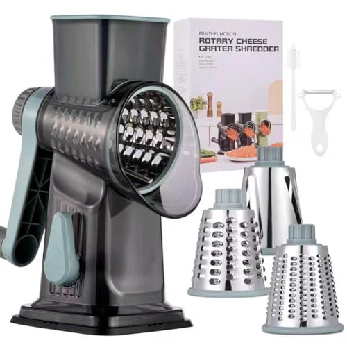 Image of Rotary Cheese Grater with Handle Kitchen Shredder Slicer Grater Slicer Ice Shaver Cheese Vegetable Nuts Potato Zucchini Chocolate 3 Interchangeable Blades (GreyBlue)