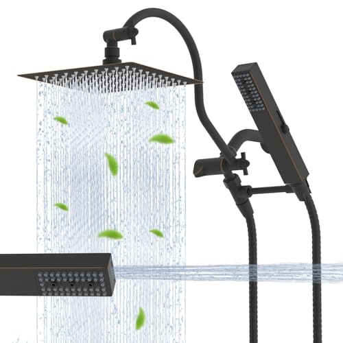 Hibbent All Metal cUPC Certified Shower Head, 8'' High Pressure Rainfall Showerhead Combo, Handheld Shower Wand, 12'' Adjustable Extension Arm, 4-Spray, 71'' Hose, Shower Holder, Oil Rubbed