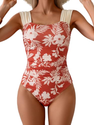 Image of B2prity Women's One Piece Swimsuit Tummy Control Full Coverage Bathing Suit | Retro Square Neck,Ruched Details,Wide Straps,Tie-Back,Modest