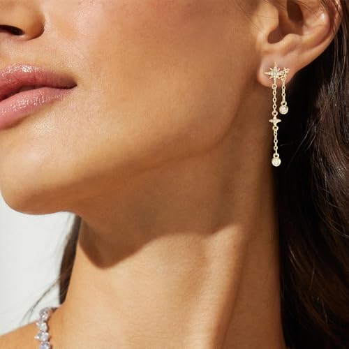 LLWOM Gold Drop Earrings - 14K Gold Plated North Star Long Dangle Stud Earrings for Women, 925 Sterling Silver Posts, Cubic Zirconia Hypoallergenic Celestial Jewelry Gift for Her by LLWOM - Used condition - US$11.93