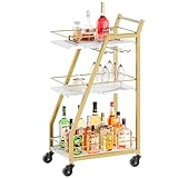 YATINEY Bar Cart, Gold Bar Cart for The Home, Small Bar Cart on Wheels, Beverage Cart, Home Bar Serving Cart with Glass Holder, Drink Cart for Bar, Kitchen, Marble White and Gold BC03DW