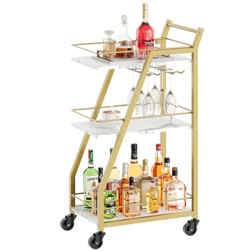YATINEY Bar Cart, Gold Bar Cart for The Home, Small Bar Cart on Wheels, Beverage Cart, Home Bar Serving Cart with Glass Holder, Drink Cart for Bar, Kitchen, Marble White and Gold BC03DW
