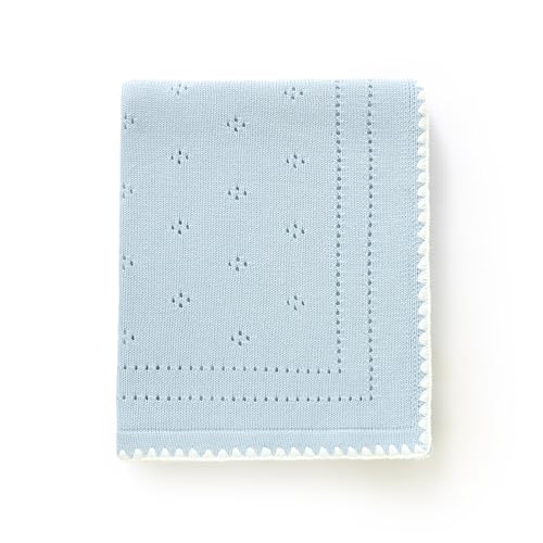 DovFanny 100% Cotton Baby Blanket Knitted Soft Crochet Cellular Blankets for Newborn Boy Girls Toddler with the lovely Edging (Blue)