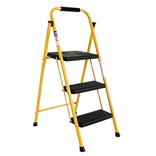 EFINE 3 Step Ladder, Folding Step Stool, Oversized Pedal and Position Lock, High Grade Steel with Smooth Powder Coating, Sturdy and Lightwight, Holding up to 500lbs. (Yellow)