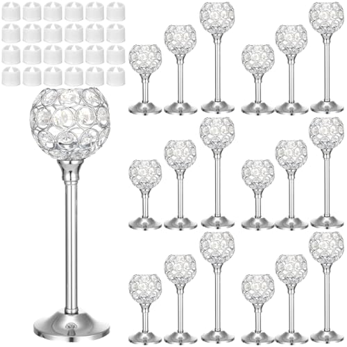 Hushee 42 Pcs Crystal Candle Holders with LED Tea Lights Candles Bulk Decorative 3 Sizes Candlestick Holders for Table Centerpieces, Christmas Home Decor, Weddings, and Housewarming Gifts (Silver)