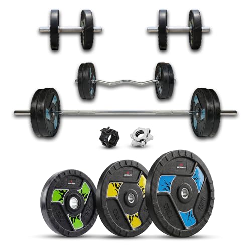 Leeway Home Gym Set | 60kg Rubber Weight Plates with 3Ft Curl Bar