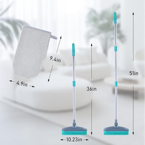 Image of 180Rotating Head Rubber Broom with Squeegee for Pet Hair Removal - 51 inch Iron Handle Fur Remover Rake Brush for Carpet, Hardwood & Tile Floors, Includes Pet Hair Removal Gloves (Blue)