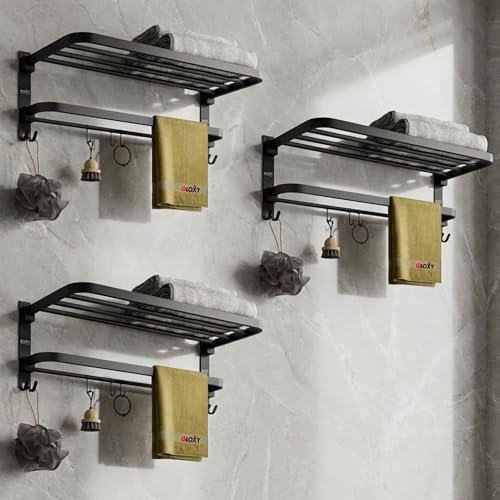 Image of Gloxy Premium Foldable Towel Rack in Bathroom with Towel Rod & Hooks Combo Pack of 3 - Stainless Steel Wall Mount Black Matte Finish Towel Stand /Towel Rod for Bathroom Fittings Accessories Set